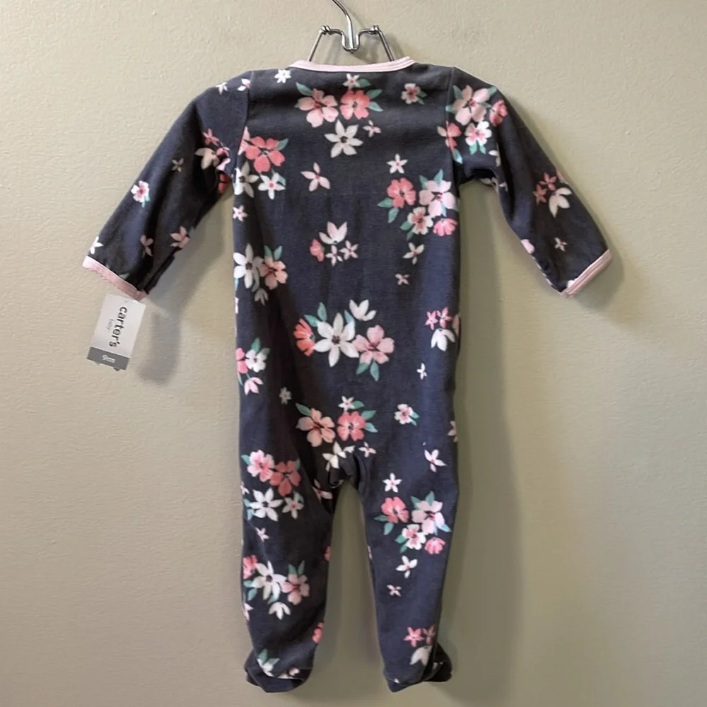Carter's Baby Cozy Pajamas, Dark Grey with Pink & Coral Flower Print, Sz 9 Month
